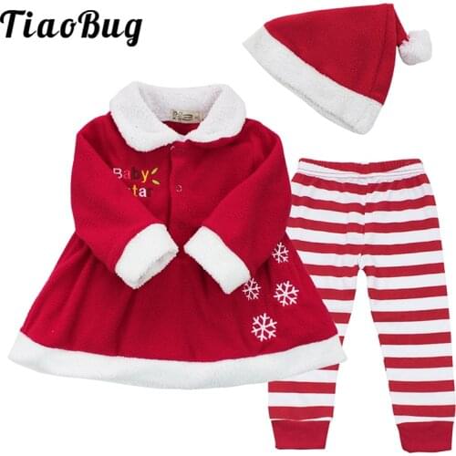 Infant Baby Girl Christmas Dress Autumn Winter Red Tops with Striped Pants and Hat Sets Toddlers Kids Cosplay Party Xmas Clothes