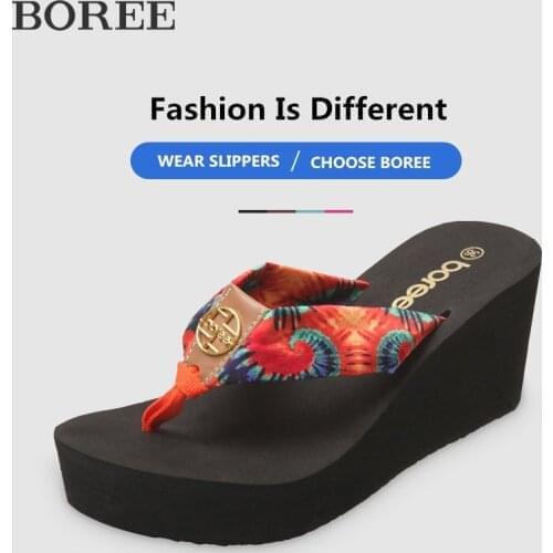 BOREE Womens Slippers Summer Bohemia Beach Flip Flops Wedge Platform Shoes High Heels Comfortable Anti-slip Slides For Women