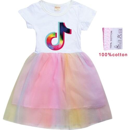 TIK TOK Kids Cartoon Dress Baby Girls Printed Lace Dresses Baby Girl Princess Dress Costume Summer short-sleeved dress