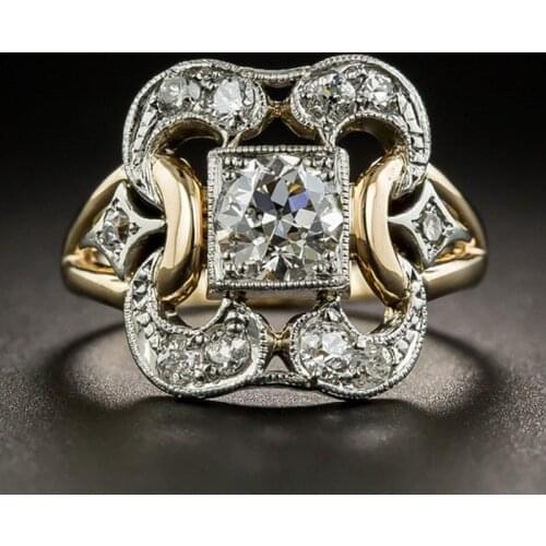 Vintage Female White Crystal Stone Ring Luxury Gold Silver Color Wedding Rings For Women Dainty Hollow Square Engagement Ring