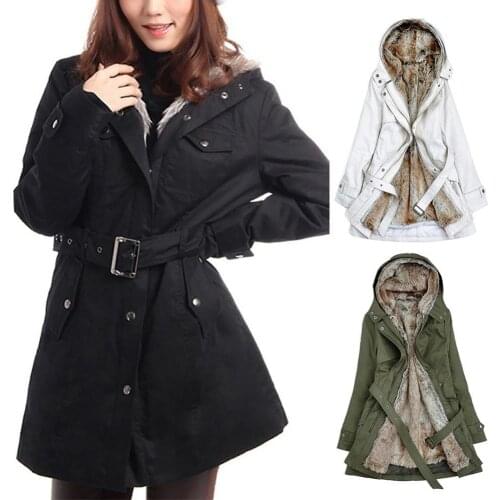 S-3XL Plus Size Winter Warm Cotton Jacket Women Winter Detachable Plushy Lining Zipper Hooded Waist Belt Midi Cotton Coat Parkas