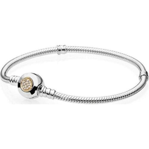 Original 925 Sterling Silver Momemts Two-tone Signature Snake Chain Pan Bracelet Bangle Fit Women Bead Charm Jewelry