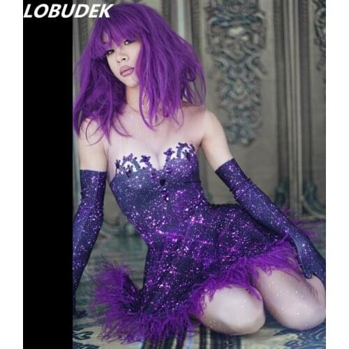 Women Singer Nightclub Costume Purple Crystals Feathers Mini Short Dress Sexy Bar Party Show Dance Outfit Jazz Teams Stage Wear
