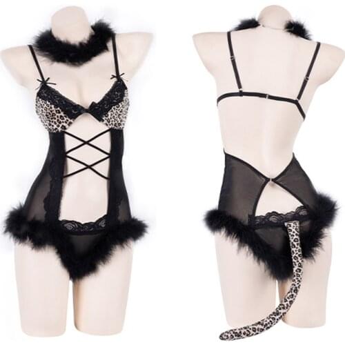 Sexy Women Bandage Hollow Out Leopard Bodysuit Punk Feather Edge Lingerie Nightwear Anime Cosplay Underwear Sleepwear Wholesale