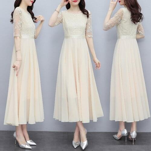 TingYiLi M-5XL Embroidery Lace Mesh Patchwork Chiffon Dress Women Summer Half Sleeve Beige A-line Dress Elegant Maxi Dress Party
