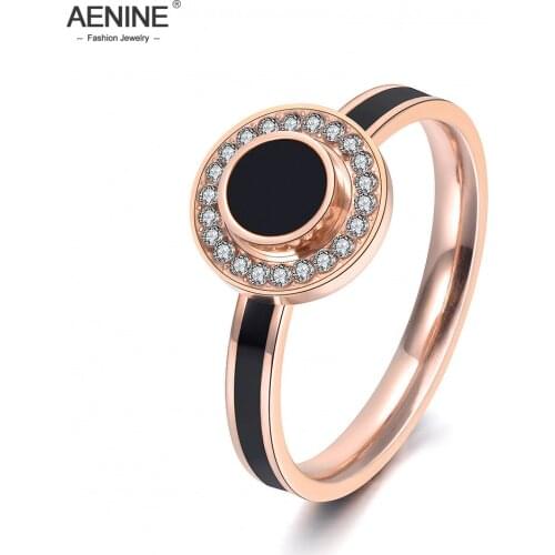 AENINE Stainless Steel Wedding Ring With Glaze Painting & Shinning Rhinestones Rose Gold Color Jewelry Anillos Mujer AR18137