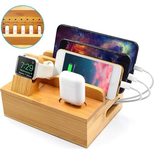 Bamboo Phone Charger Holder Tablet Stands Charging Holders, US/UK/EU Plug Charger Base Mobile Phone Holders Smart Watch Supports