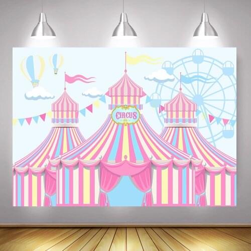 Circus Birthday Backdrop for Photography Ferris Wheel Pink Tent Newborn Girl Baby Shower Background Hot Air Balloon Photoshoot