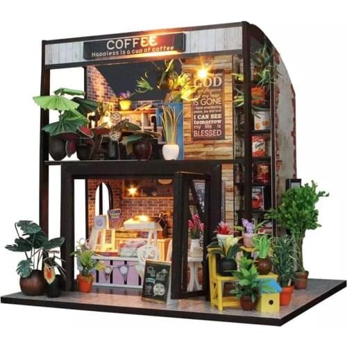 DIY Wooden Miniature Cafe House Dollhouse with Furniture LED Light Toy Gift