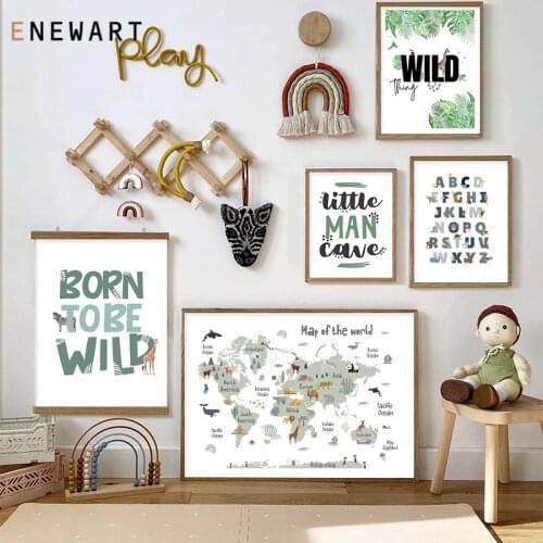 Dropshipping Cartoon Animal World Map Nursery Wall Art Canvas Painting Alphabet Print Poster Pictures for Kids Room Decor