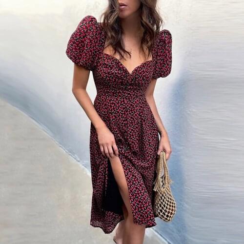 Elegant Vintage High Waist Split Midi Drses Womens Ladies Casual Floral Printed Puff Sleeve Dresses Fashion V-neck Dress