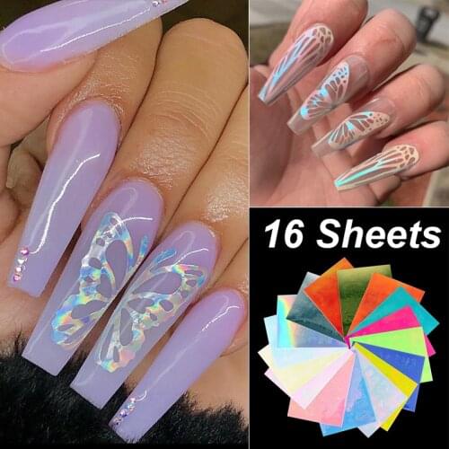 Holographic Laser Butterfly Wings Nails Sticker 3D Self Adhesive Glitter Colorful Nail Art Transfer Decal Stickers Manicure Tool