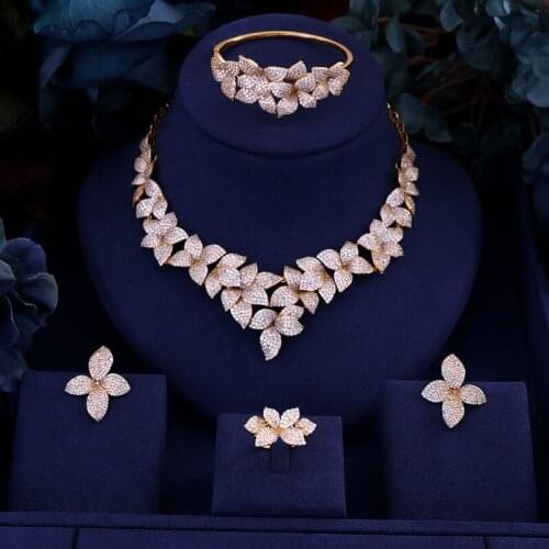 Janeklly Luxury Cubic Zirconia African Silver Necklace Earring Set Bangle Ring Nigerian bride jewelry sets For Women Wedding