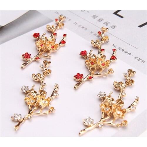 Julie Wang 5PCS Alloy Plum Blossom Charms With Rhinestone Red White Branch Pendant Brooch Hairpin Jewelry Making Accessory