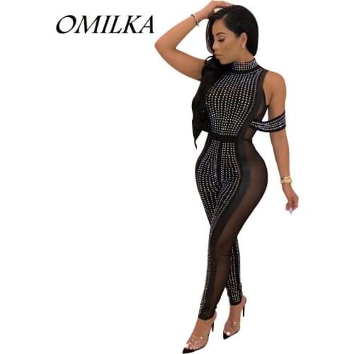 OMILKA Mesh Diamonds See Through Rompers and Jumpsuits 2018 Autumn Women Blue Black Red Sexy Glitter Club Party Bodycon Overalls