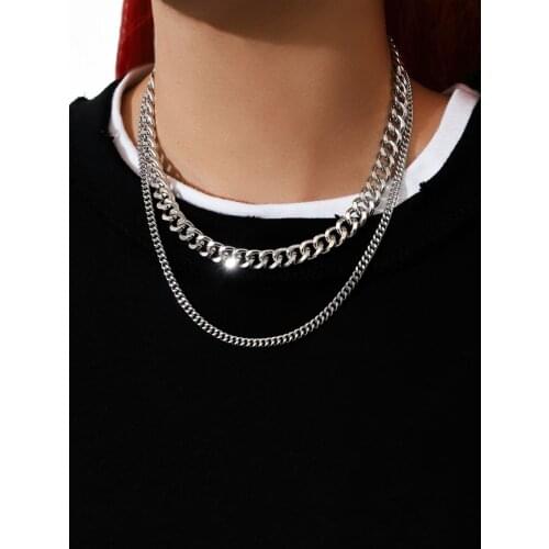 2Pc Metal Punk Simple Silver Color Neutral Multilayer Chain Necklace Sets for Women Hip Pop Teen Couple Gift Jewelry Accessories