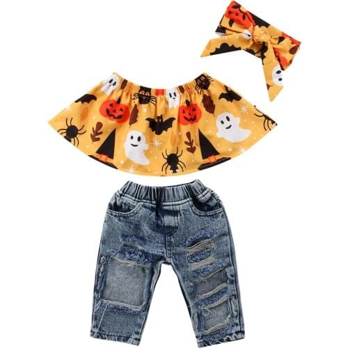 Little Girls Clothes Sets Kids Baby Girl Ruffle Tee Cropped Tops+ Ripped Jeans Denim Pants+Headband 3pcs Outfits