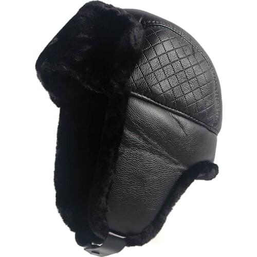 Leather Snow Cap Men Bomber Hat 2021 Ushanka Soviet Black Faux Fur Thermal Winter Hats With Earflap Dad Russian Cap