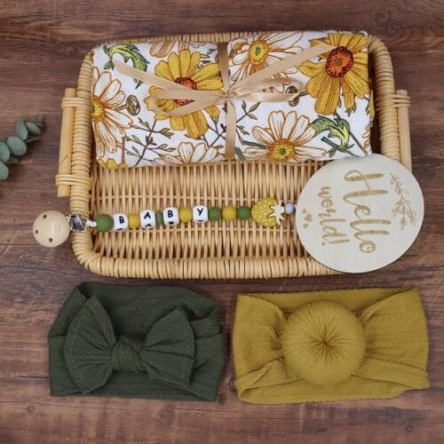 Baby Milestones Set Print Muslin Swaddle Solid Wrap Muslin Big Diaper Newborn Gift Headband Hairband Pacifier Chain for Baby