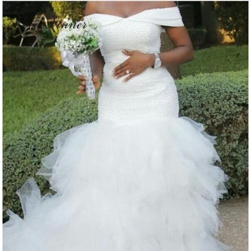 Luxury Pearls beads White Mermaid Wedding Dress 2020 Plus Size Cap Sleeve Tassel Tiered Custom Made Africa Wedding Dresses W0366