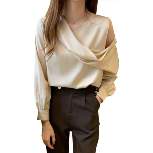 Fashion Women spring Autumn Strapless solid color V-Neck Satin career elegant lady tops full sleeve shirts