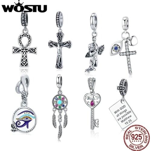WOSTU 925 Sterling Silver Classic Catholic Anka Cross Pendant Charms Clear CZ Fit Original Bracelet Fine Jewelry Making Gift