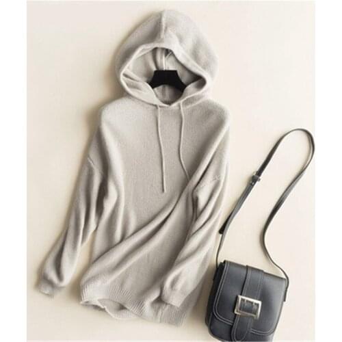 100%cashmere knit women fashion rope hooded loose thick pullover sweater coat solid color S-L