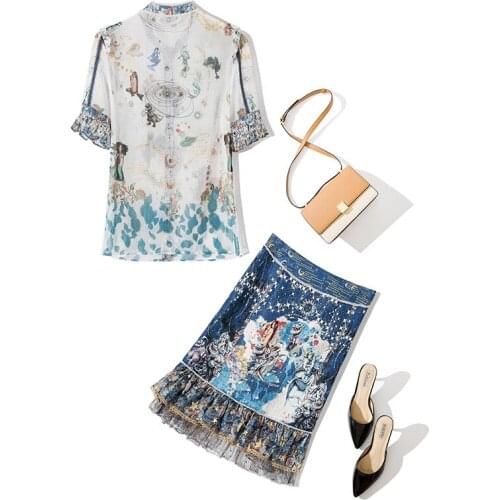 Summer Runway Women Fashion 2 Piece Sets Luxury Beading Pearls Blouse + Ruffles Skirt Twinset Flower Print Lady Suit