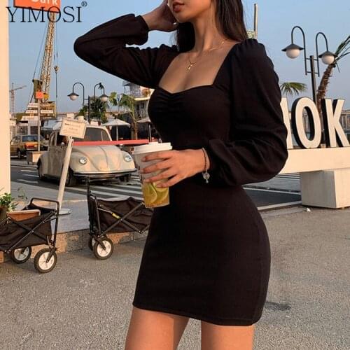 2021 Spring Autumn Korean Harajuku Long Sleeve Low Cut Women Dress Ladies Casual Black Bodycon Mini Dress