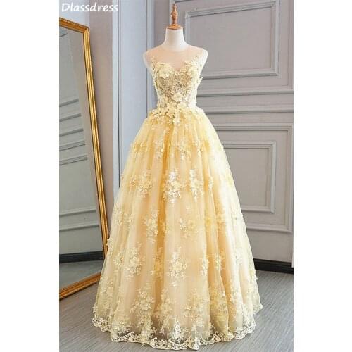 Yellow Prom Dress A-line Luxury Applique Flower Laces Sleeveless O-neck A-line Floor Length Evening Dress коктейльные платья