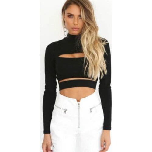 2020 Fashion Hollow Out Punk Sexy Crop Tops Women Long Sleeve Turtleneck High Street Clubwer Short T-shirt