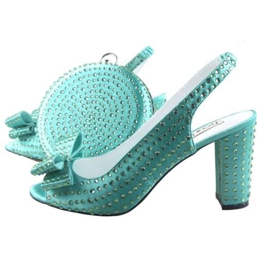 BS940 Custom Made Mint Green Crystal Bow African Women Shoes With Matching Bag Slingbacks Women Bridal Wedding Shoes