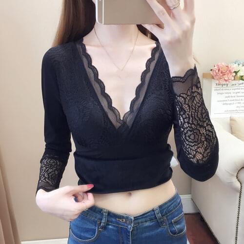 Black Lace Thicken Women Blouse Deep-v Neck Ruffles Slim Sexy Lady Elegant Pulls Fashion Warm Pulls Outwear Tops