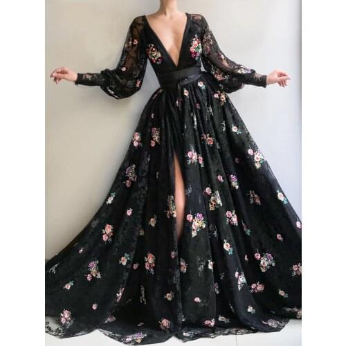 Black Sexy Evening Dresses Long Sleeves V-Neck Appliques Lace Flowers Formal Dress High Slit Ready for Shipping Party Prom Gowns
