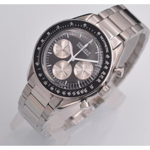 Corgeut 40mm Man Wristwatch Luxury Top Brand Mens Stainless Steel Chronograph Quartz Watches Men Business Male Clock Mens Watch