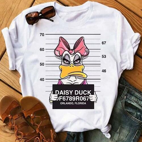 Disney Funny Criminal Donald Duck Daisy Print T Shirt for Women Summer Cartoon Top Tshirt Fashion Female White T-shirt Bottoming
