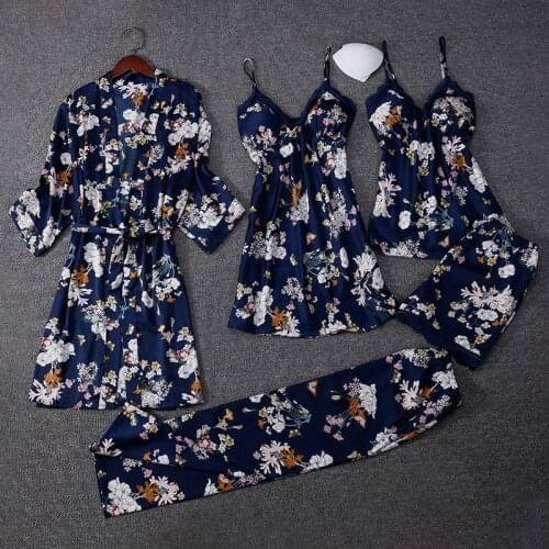 FZSLCYIYI Spring Elegant Lace Trim Pritned 5/4/3/2/1 Pieces Women Pajamas Sets Faux Silk Sleepwear Fashion Homewear Nightwear