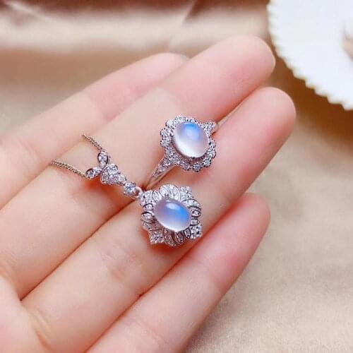 New style natural moonstone ring and necklace jewelry set real 925 silver lucky birthstone Gemini girl birthday gift
