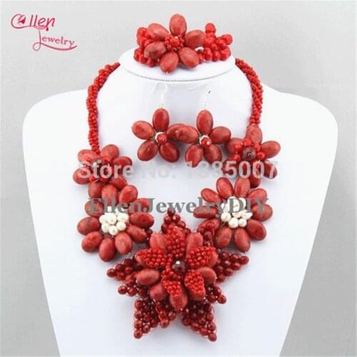 New Top Design Flower Red Coral Jewelry Set Nigerian Coral Necklace Wedding Gift Bridesmaid Necklace Bridal Jewelry Sets