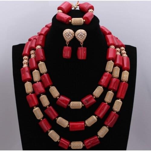 Original Red Coral Beads and Gold Large Design Earrings Necklace Jewelry Set Party Bridal Dubai Jewelry Set New Arrivals