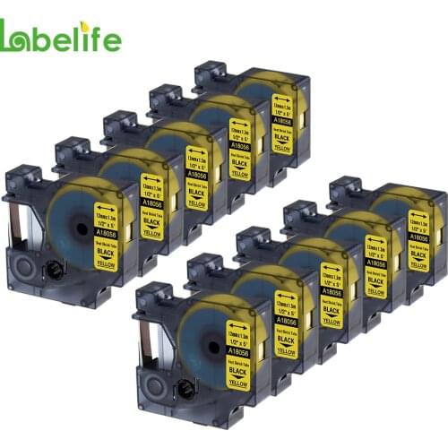 Labelife 10 Pack 18056 For DYMO Rhino Black on Yellow 12mmX1.5m Industrial IND Heat Shrink Tubes LabelWriter Rhino Tape Cassette