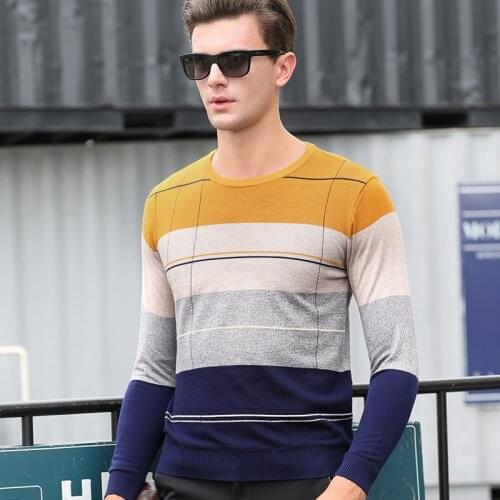 New Style Mens Autumn Fashion Stripes Patchwork Long Sleeve Pullover Jacquard Sweater