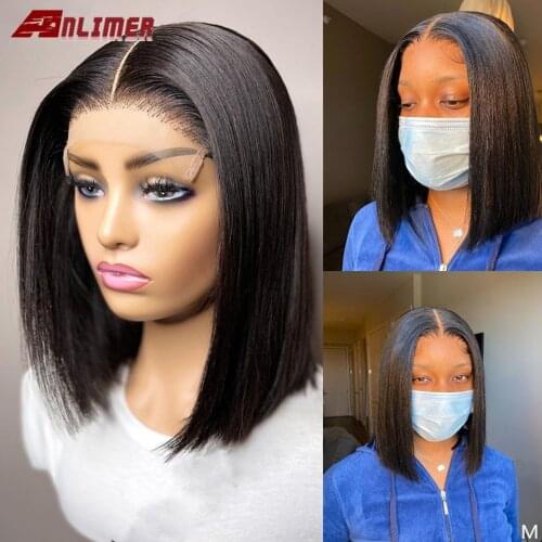 13x4 Lace Frontal Human Hair Wig Brazilian Remy Straight 4X4 5x5 Silk Base Closure Short Bob PrePlucked Wig For Black Women