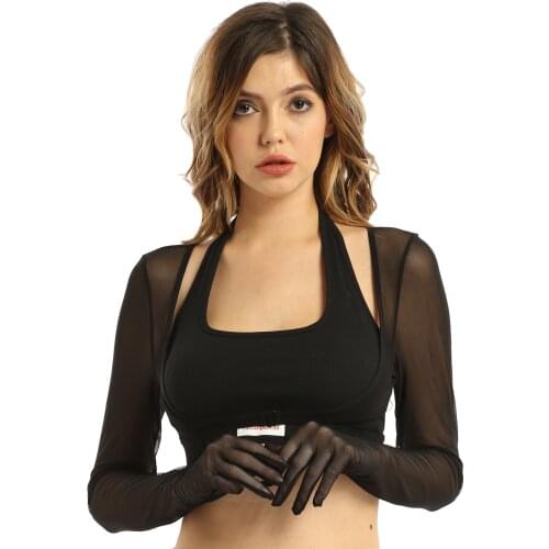 Women Mesh Crop Tops Summer Sexy Lingerie See-through Sun Protection Mesh Gloves Tops Long Sleeve Open Front Buckle Top Clubwear