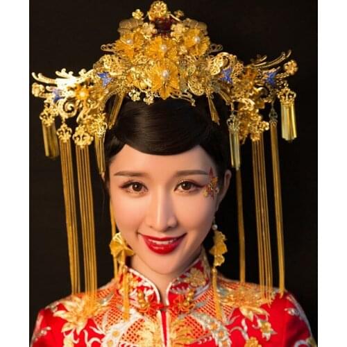 JaneVini Luxury Gold Hair Accessories Vintage Chinese Bridal Wedding Headband Coronet Earrings Pageant Hair Pins Stick Jewellery