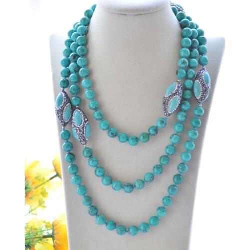 S2412 60" 35mm Round Turquoise Bead Shuttle CZ Necklace