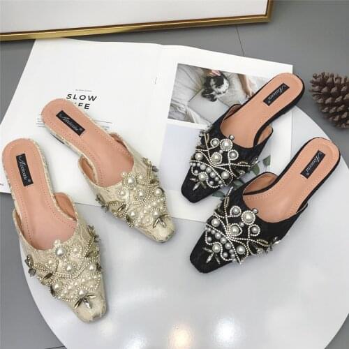 String bead women slippers summer shoes crystal rome style square toe bling slides flats rivet hollow out flip flops femme 2019