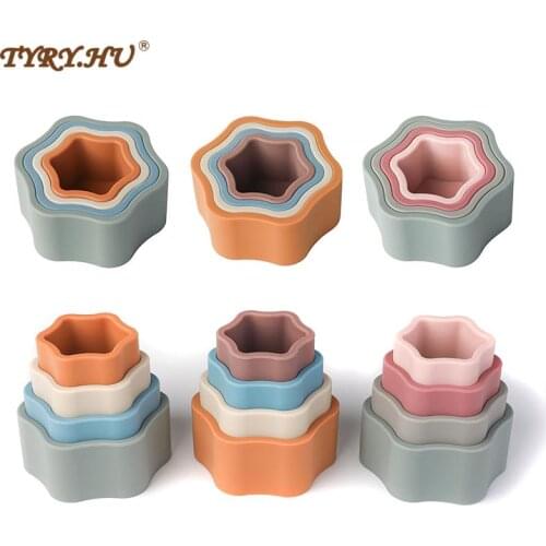 TYRY.HU Silicone Flower Building Block Silicone Teether Soft Jenga Building Blocks 3D Folding Educational Game Toy