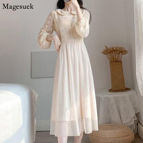 Vintage Puff Sleeve Spring Summer 2021 Dress Women A-line Midi Mesh Party Dress Female Lace Floral Long Dresses Vestidos 12913