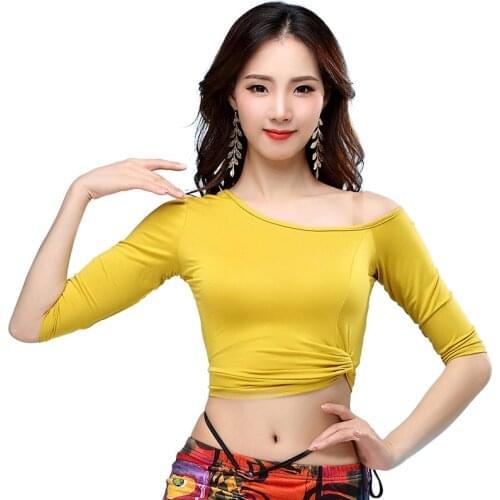 Cheap Dance Wear Women Belly Dance Clothes Irregular Tops Off Shoulder Neck Half Sleeves Modal Top for Bellydance